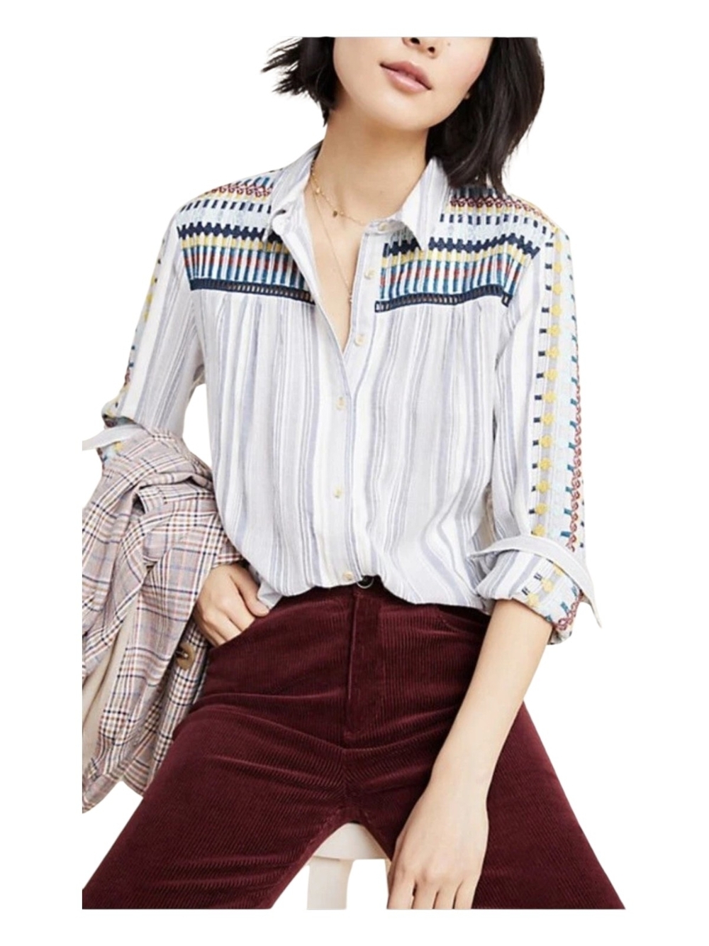 Anthropologie Pilcro The Cate Classic Buttondown Embroidered Stripe Shirt